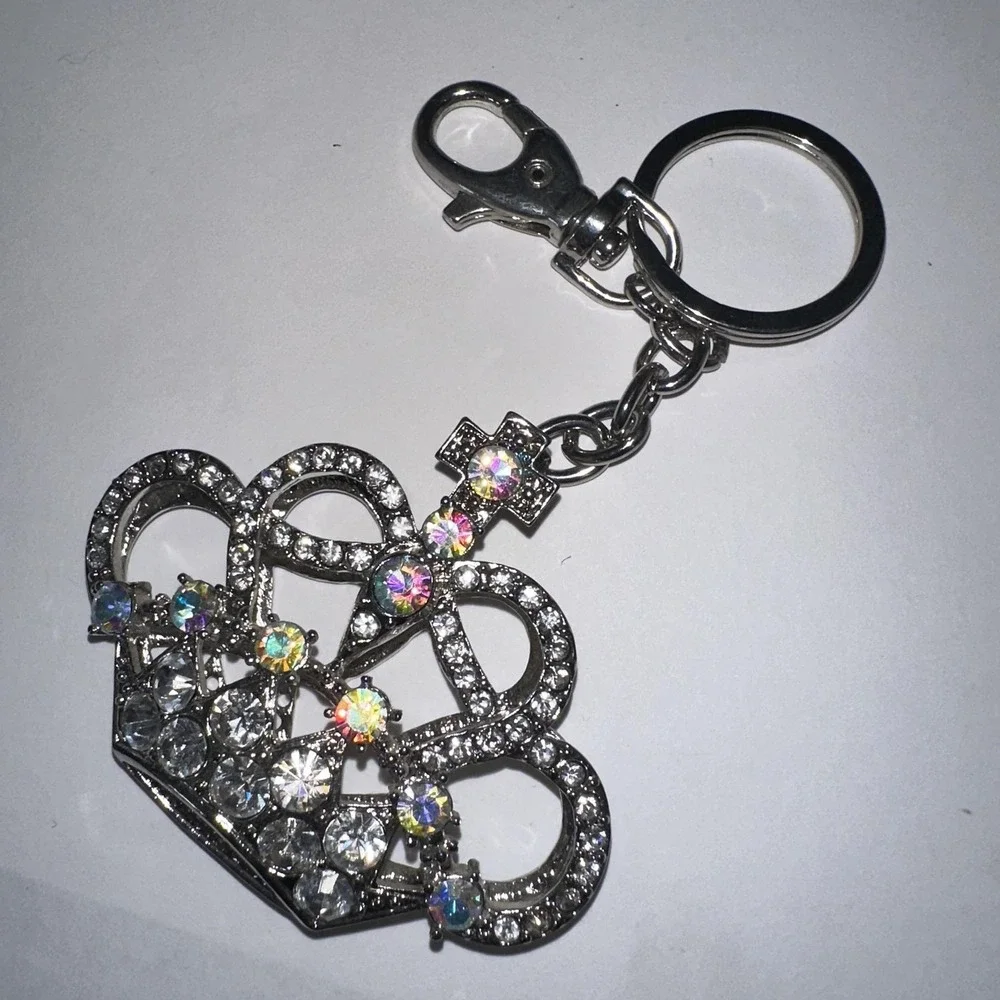 VTG Y2K‎ Silver Tone Crystal Crown Keychain Purse Bag Charm Clip Rhinestone Gem